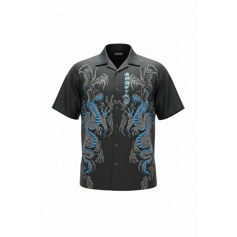 ODO Dragon Button Down Shirt Mens‎ Large Black Blue Embroidered Graphic